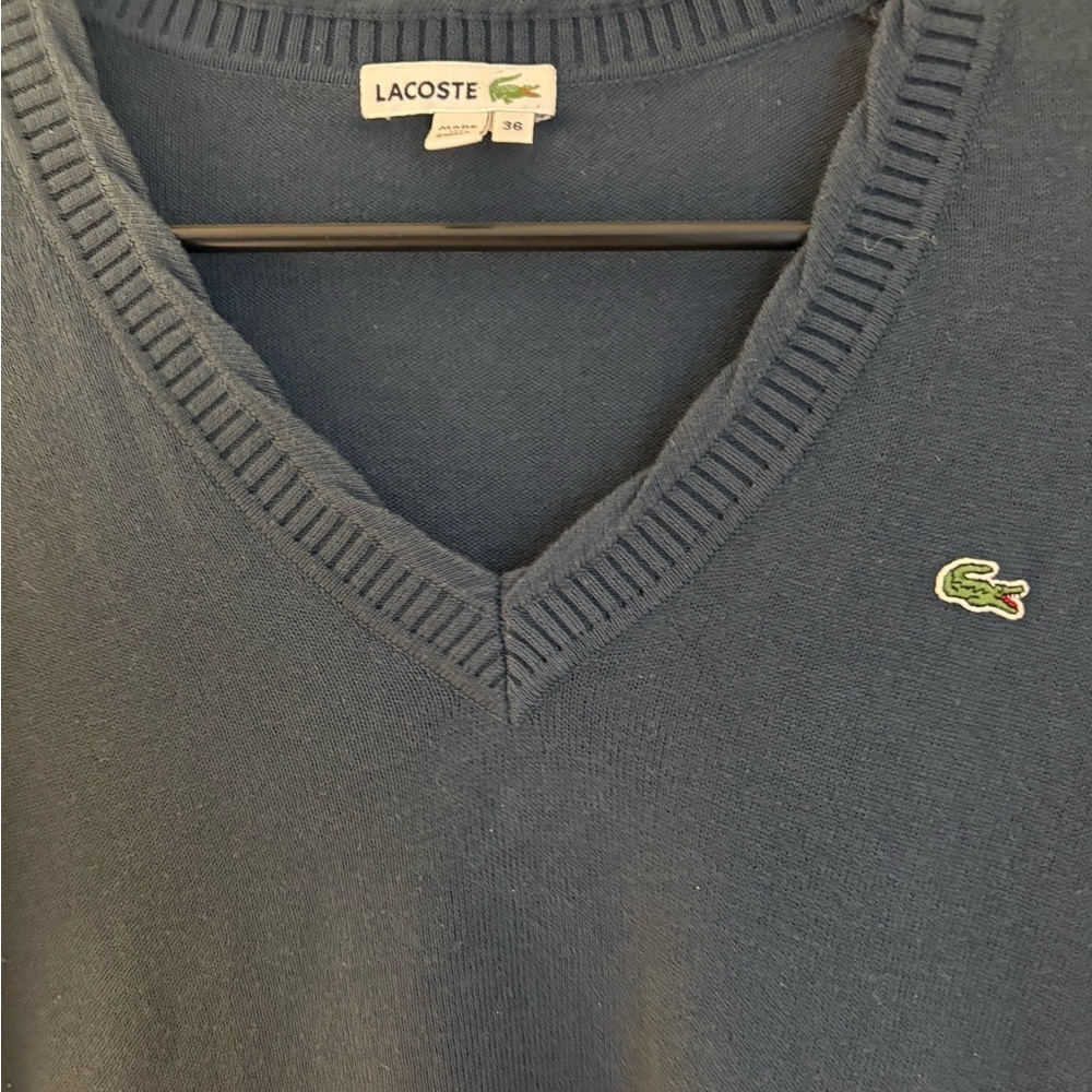 Lacoste Navy V-Neck Sweater Cotton Cashmere Blend | Y2K Long fit | Preppy |Elena - Picture 3 of 10